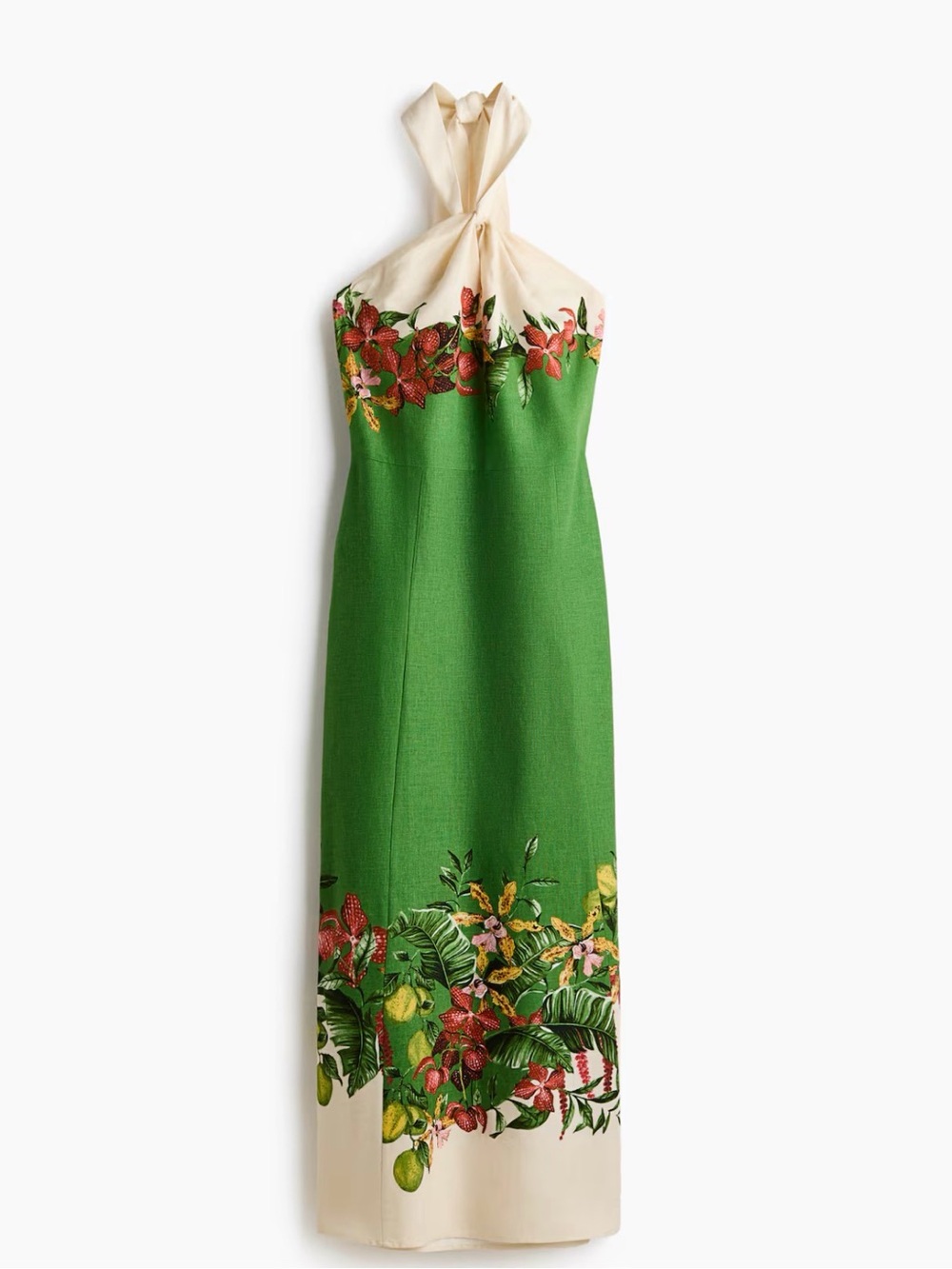 H&M Linen Cream & Green Floral Halter Maxi Dress